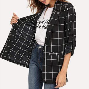 Black & White Plaid Women's Open Front Blazer